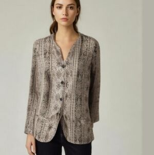 VINTAGE Cream & Burgundy Brocade Print Classic Cotton V Neck Blazer Size Small